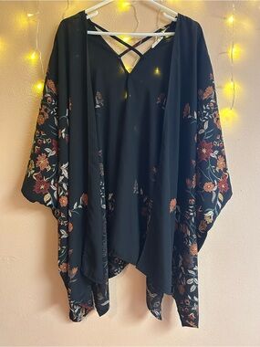 ODDY Black Floral Kimono Plus Size One  Size